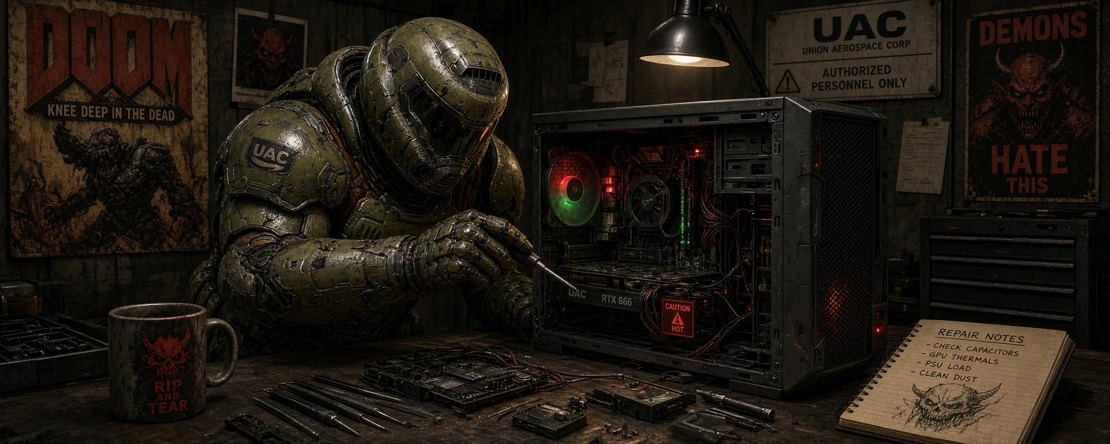 Retro Doomguy repariert seinen PC mit einer RTX 666