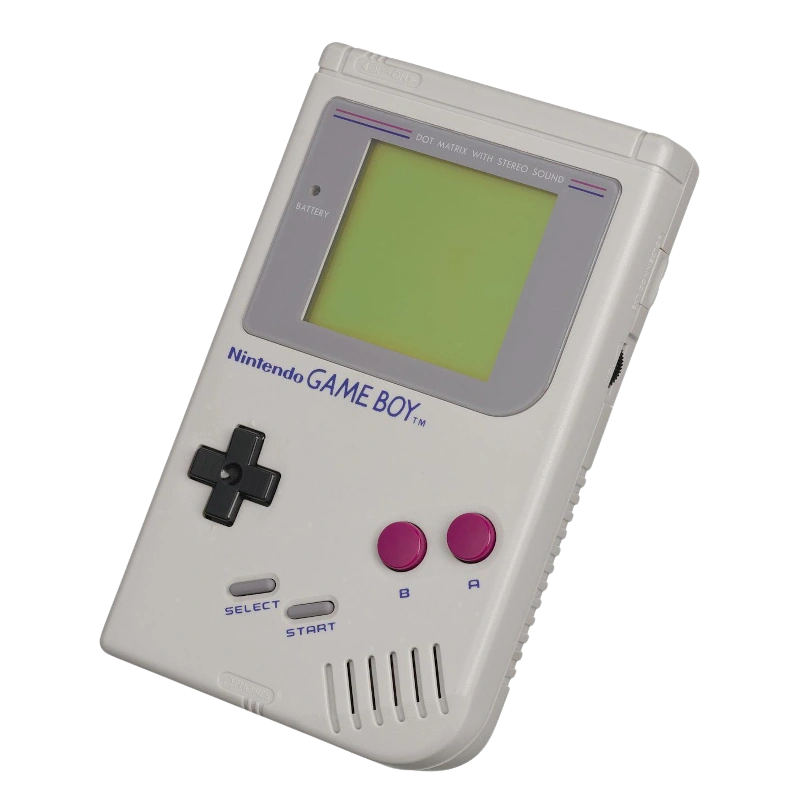 Der originale Nintendo Game Boy, Modell DMG im typischen grau. Schrägansicht abgedreht